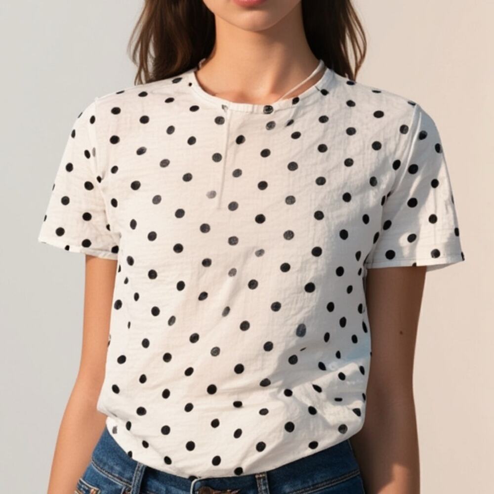 MaxMara Studio White Black Polka Dot Short Sleeve Ramie Top Size Large - Picture 15 of 16